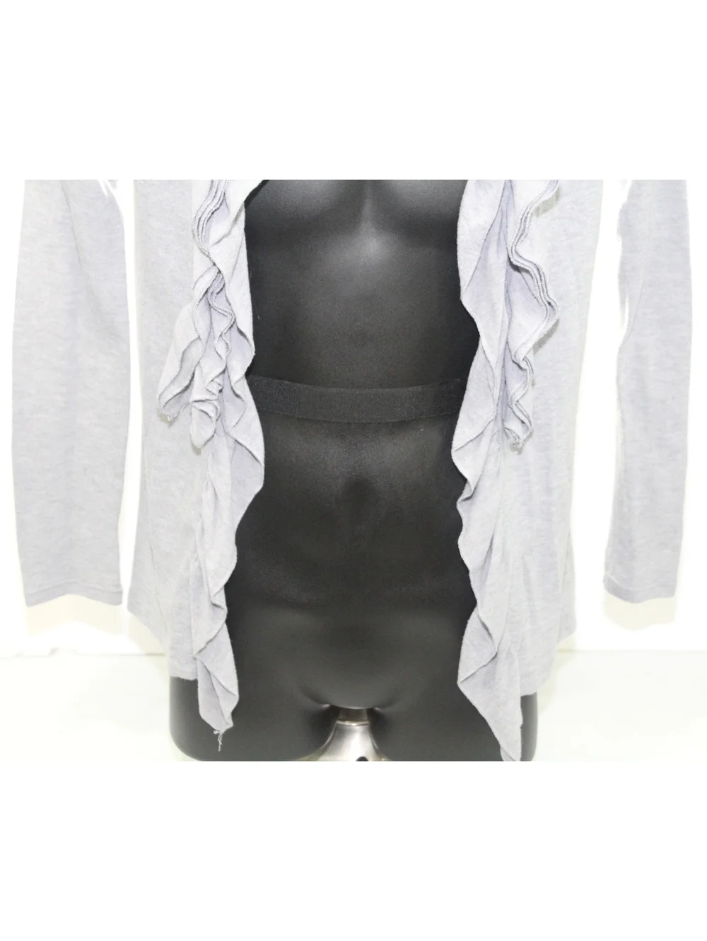 Moa Moa Girl Open Front Waterfall Sweater Shirt Cardigan Ruffles Neck Large Gray